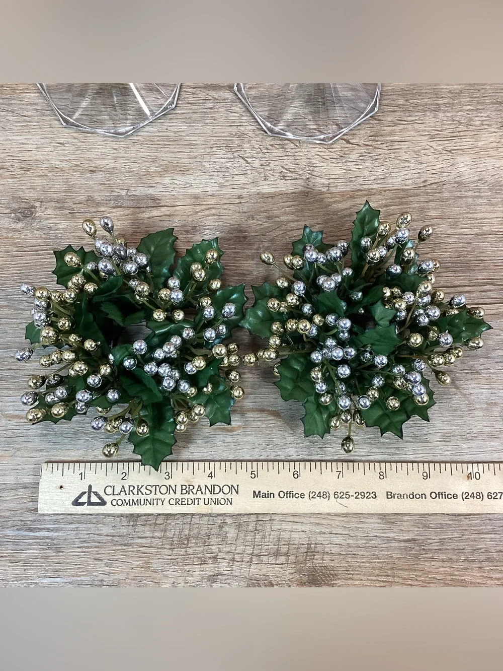 Pair Glass Candlestick Holders with Holiday Candle Rings